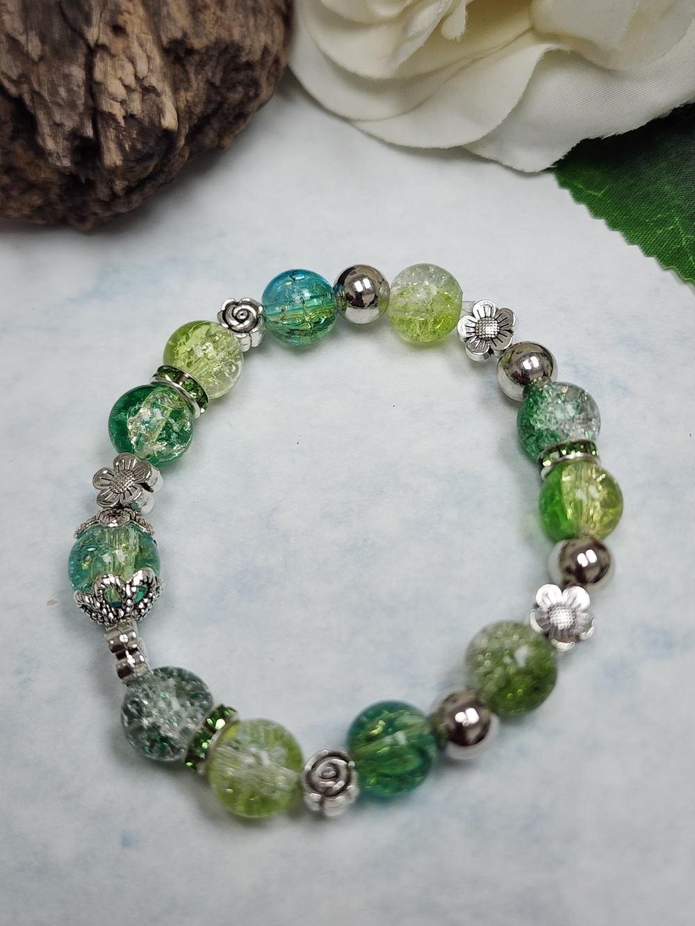 Stretch Bracelet Green and Blue Crackled Glass Beads With Floral Spacers - Picture 4 of 6